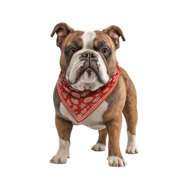 a brown and white dog wearing a red banda