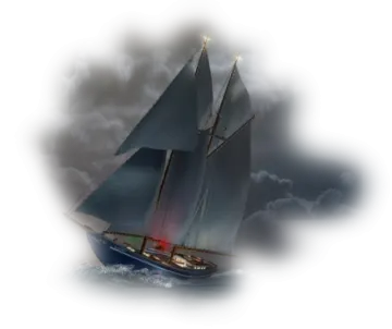 a sailer in the ocean with clouds behind it