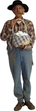 a man wearing a cowboy hat and holding a basket