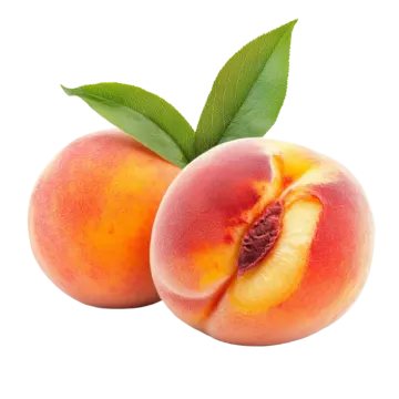 two peaches with a green leaf on top