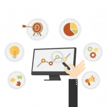 a hand holding a tablet with icons surrounding it