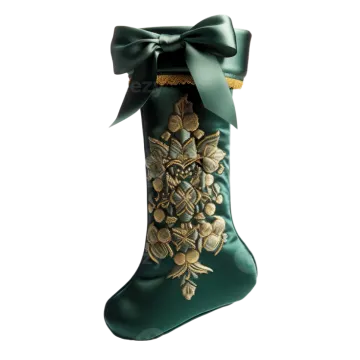 a green christmas stocking with gold flowers and leaves