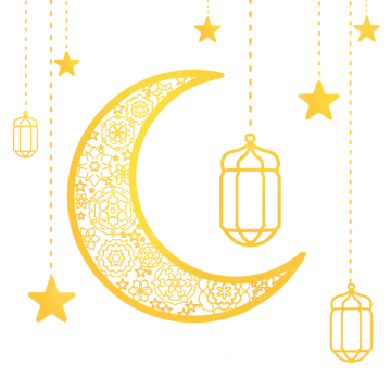 a crescent with lanterns and stars hanging from it