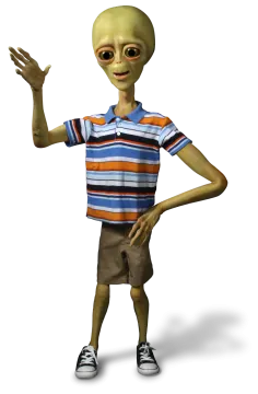 a cartoon alien in a striped shirt and shorts