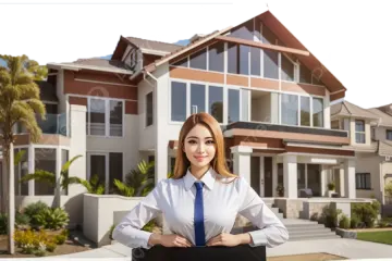 a business woman standing in front of her house