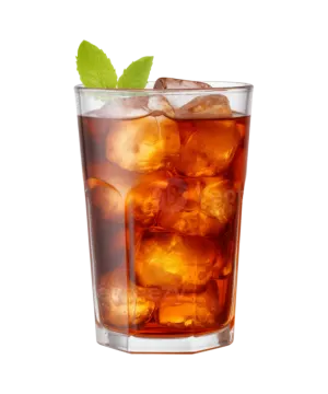 a glass of cola with ice and mint