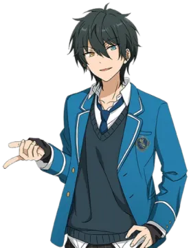 an anime character in a blue jacket and white shirt