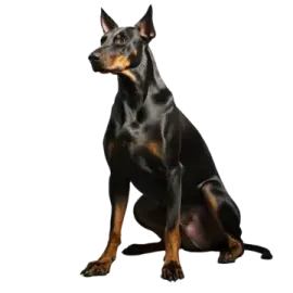 a black and brown dog sitting down on a white background