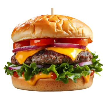 a hamburger with cheese, tomato and onions