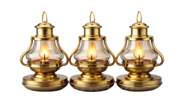 three golden oil lamps on white background