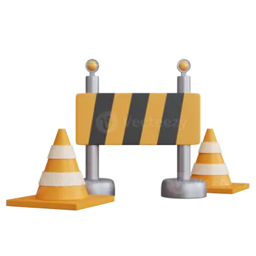 a yellow and black barrier with two cones