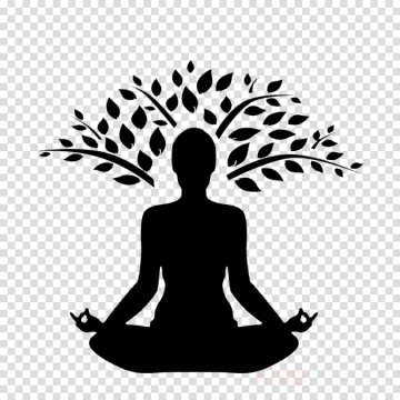a black and white silhouette of a person sitting in a lotus position with leaves on their head