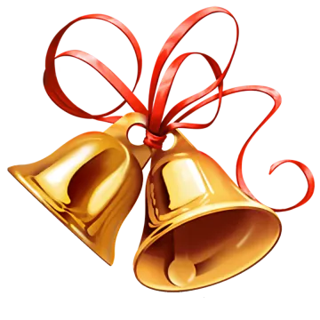 a golden bell with a red bow