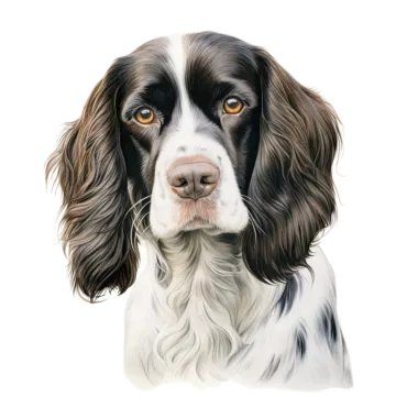 a black and white dog with brown eyes