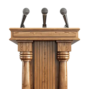 a wooden pulpit with two microphones on top