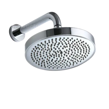 a chrome shower head with black dots on it