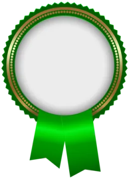 a green rosette with a gold border