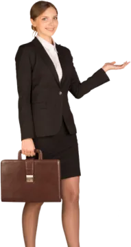 a woman in a business suit holding a briefcase