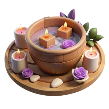 a wooden bowl filled with candles and flowers