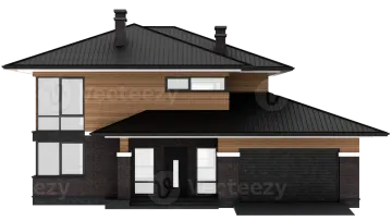 a two story house with a black roof
