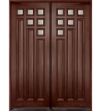 a mahogany double door with glass panels