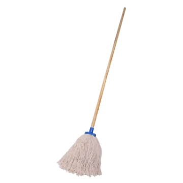 a white mop with blue handle and wooden handle