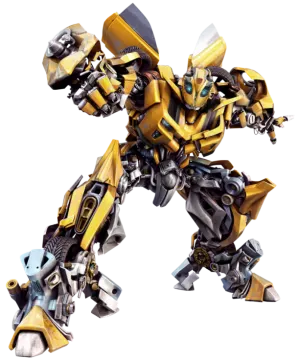 a yellow and black robot standing on a white background