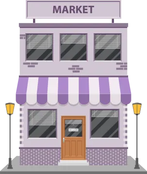 a purple and white building with a sign that says market