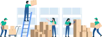 a group of people moving boxes in a warehouse