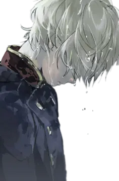 an anime boy with white hair and a black jacket