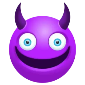 a purple ball with blue eyes and horns