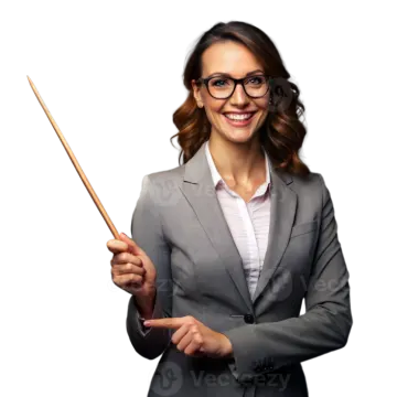 a woman in a business suit holding a pointer