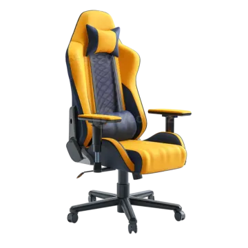 a yellow and black gaming chair on a white background