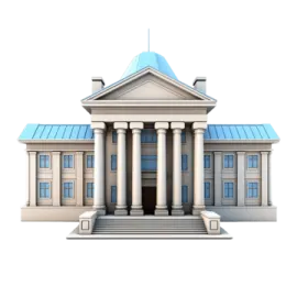 a white building with columns and a blue roof