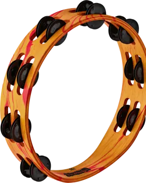 a close up of a wooden drum with red and black paint