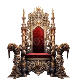 an ornate throne with a red velvet seat