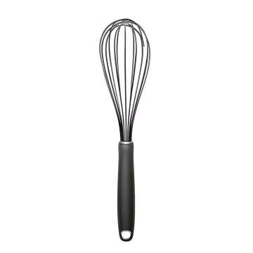 a black and white whise with a metal handle