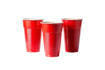 three red plastic cups on a white background