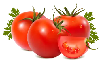 three tomatoes with green leaves on top