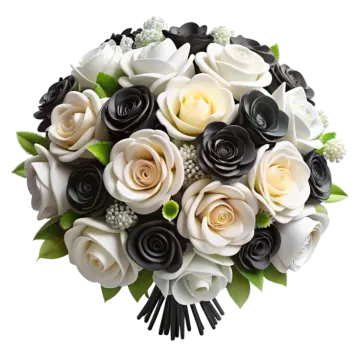 a bouquet of white and black roses