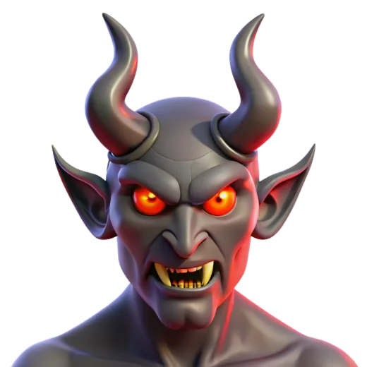 a demon head with red eyes and horns on a white background