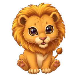 a cartoon lion sitting down and looking at the camera