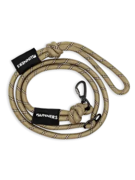 a tan rope with black and white stripes