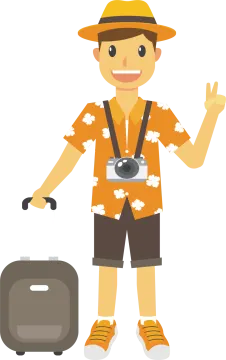 a man in an orange shirt and hat with a suitcase