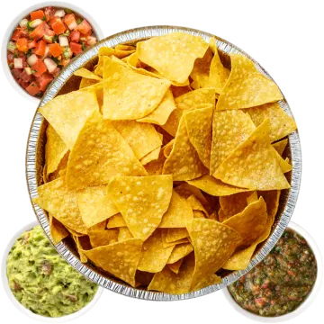 a plate full of chips and salsas
