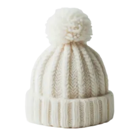 a white knit beanie hat with a pom