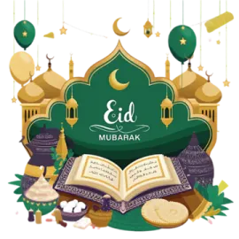 the eid mubara logo with a mosque in the background