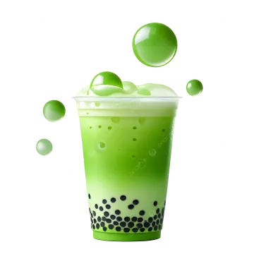 a green smooth drink with bubbles on a white background