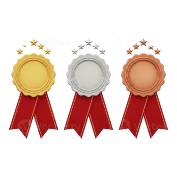 three gold, silver and bronze award ribbons