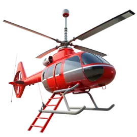 a red helicopter flying through the air